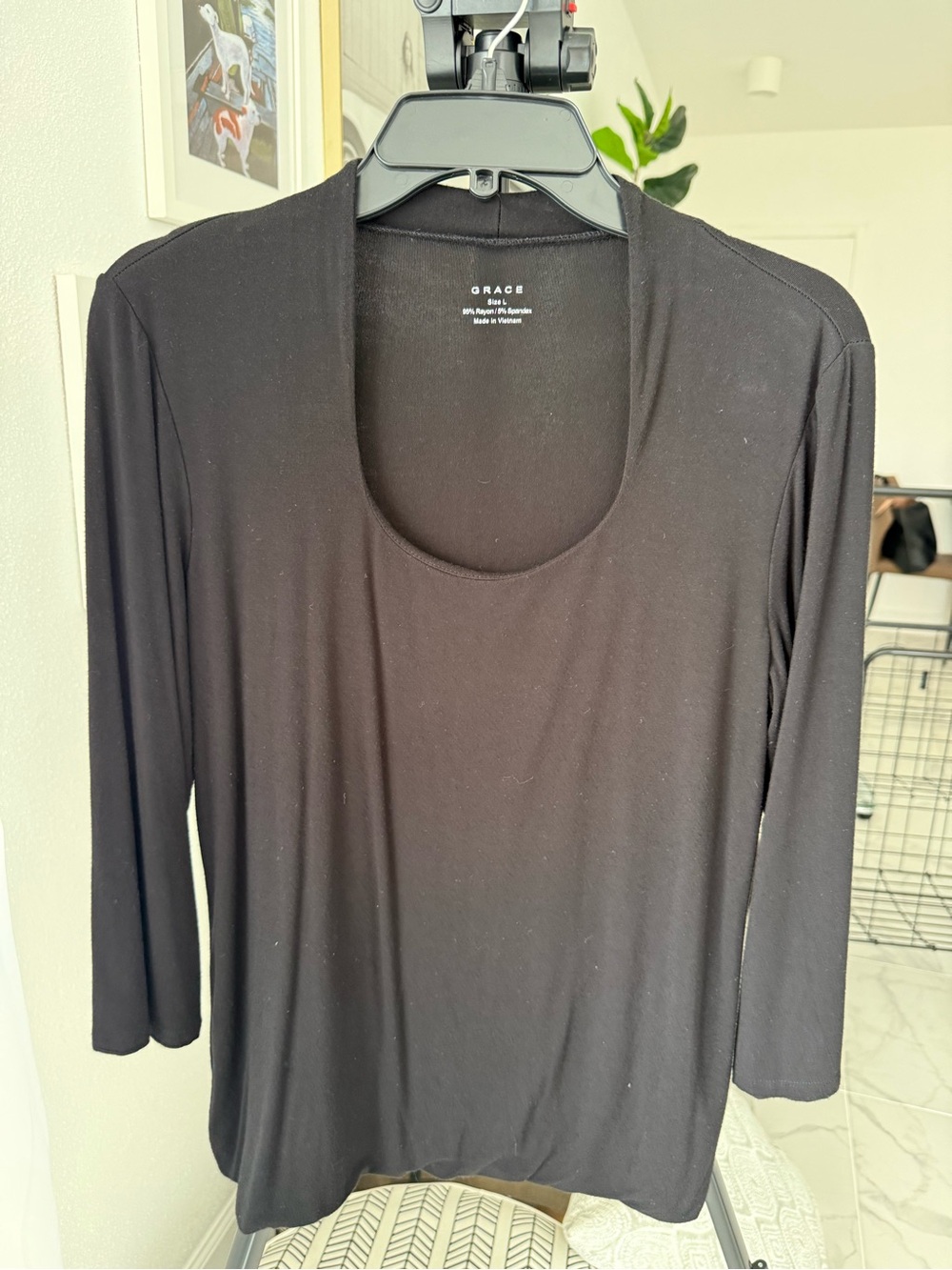 90's Inspo, Grace Black Ballet Scoop Neck Top | 3/4 Sleeve | Size L